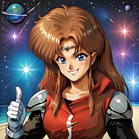 Alys Brangwin, portrait, circlet, space, thumbs up, solo, 1girl, retro artstyle, smile, red sleeveless coat, white gloves, <lora:Alys_Brangwin_Phantasy_Star_4:1>