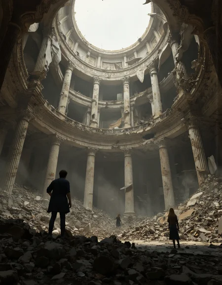 By Arthur Yuan. A photo-realistic shoot from a far camera angle about a post-apocalyptic scene inside a large, dilapidated building with a circular opening in the center, surrounded by rubble and debris. the image also shows three silhouettes of people standing amidst the rubble, looking up at the interior of the building. on the left of the image, a man stands in the foreground, with his back to the camera, facing away from the viewer, while on the right, a woman stands behind him, facing the viewer. the scene is set in a dimly lit, desolate environment, with a large circular opening at the top, revealing a grand, ornate interior with columns and intricate carvings. the overall atmosphere is one of destruction and chaos, with the ruins and debris scattered throughout the scene.