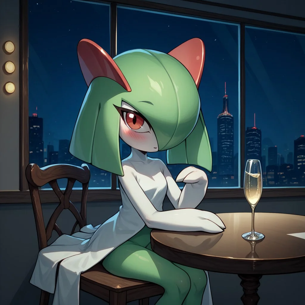 score_9, score_8 score_7, score_6_up, 1girl, Kirlia, table, champagne, white_room, bright_lighting, large_glass_window, night, city in background, fancy restaurant, , blush, sitting, looking_at_Viewer, chair,