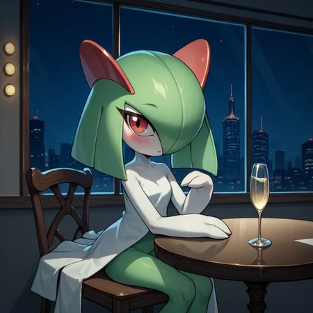 score_9, score_8 score_7, score_6_up, 1girl, Kirlia, table, champagne, white_room, bright_lighting, large_glass_window, night, city in background, fancy restaurant, , blush, sitting, looking_at_Viewer, chair,