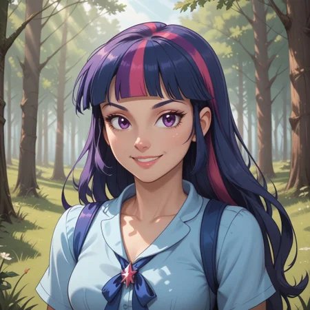 score_9, score_8, BREAK, solo, princess twilight sparkle, dark sapphire blue with moderate purple and brilliant raspberry streaks, purple eyes, pale, light grayish orchid skin, Equestria girls, g4, adult female, mature female, breasts, sexy pose, self portrait, smile, outdoors, sunlight, shadows, evening lighting, natural lighting, forest, trees, grass, orange sky, sunset