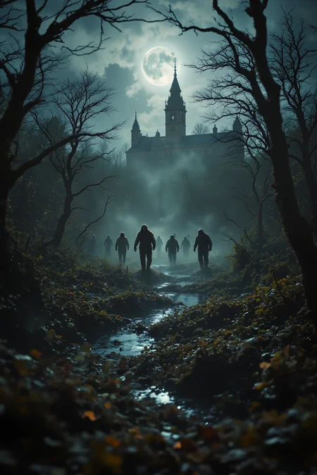 Deep within a swamp, a horde of bloated, waterlogged zombies wade through the murky waters, their flesh swollen and mottled with green and brown. Their movements are slow, almost mechanical, as they push through the thick, fog-covered mire, the sound of their dragging feet barely audible above the chorus of croaking frogs and buzzing insects. The swamp is dense with twisted, gnarled trees, their roots reaching out like skeletal fingers, and the water is thick with algae and decay. Faint, glowing eyes peer out from the waterâs edge, belonging to unseen creatures that watch silently as the zombies lumber past. Above, the moon hangs low and full, casting a pale, ghostly light through the fog, reflecting off the slimy skin of the undead as they shuffle forward. The air is thick with the stench of rotting vegetation and the faint, metallic scent of death. In the distance, the silhouette of a crumbling, ancient mansion looms over the swamp, barely visible through the mist, adding an air of haunted mystery to the scene.<lora:OBInstant camera portrait photography V2.0:1.0>, <lora:Dark side of light:0.55>, <lora:aidmaFLUXPro1.1-FLUX-v0.3:1.0>, <lora:Glitchcore_Flux:0.8>,