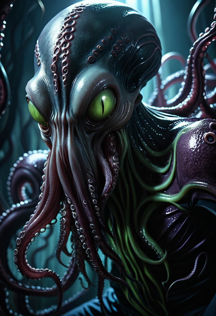 nightmarish and surreal, close-up shot emphasizing tentacled face, dimly lit, horror-inspired atmosphere, crouched in shadows, observing prey, pulsating psionic chambers, tentacled face, dark, leathery skin, elongated cranium, slender, alien physique, four long tentacles extending from mouth fantasy_random_lora, realistic, uhd, 8k, masterpiece, intricately detailed, cinematic, best quality, absurd resolution, fantasy art, fantasy race concept, artfully_mindflayer,  <lora:artfully_MINDFLAYER_SDXL:0.8>