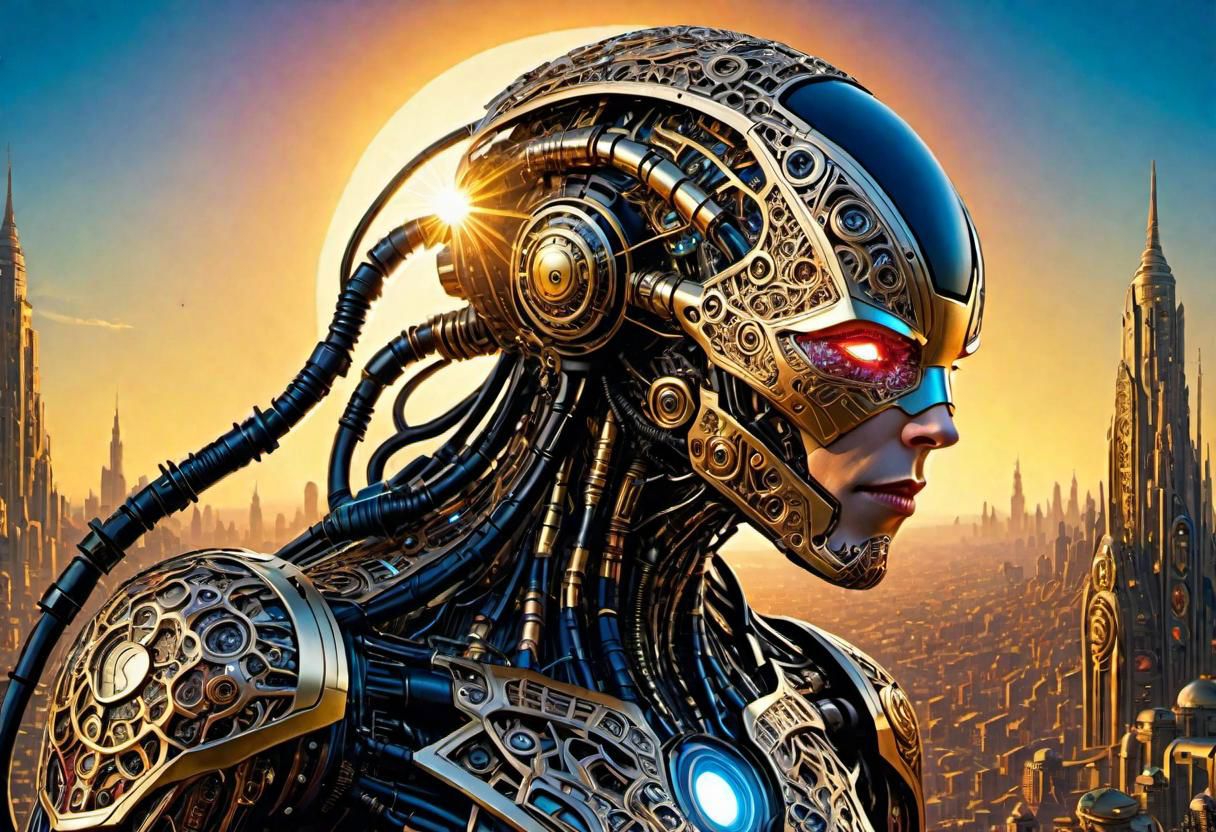 masterpiece+++,by william Stout,  (filigreed , marvel comic style but extremely beautiful:1.4), (intricate details, masterpiece, best quality:1.4) ,
Biomechanical cyberpunk, cybernetics, human-machine fusion, dystopian, organic meets artificial, dark, intricate, ultradetailed, intricate, sunset photo, 8k, light bloom