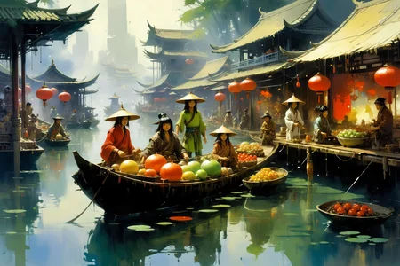 chinese floating market, (fantasy:1.2), <lora:John Berkey Style:1> John Berkey Style page, <lora:Retro_Illustration:1> 2d game scene, oil and watercolor painting,, (masterpiece:1.2), best quality