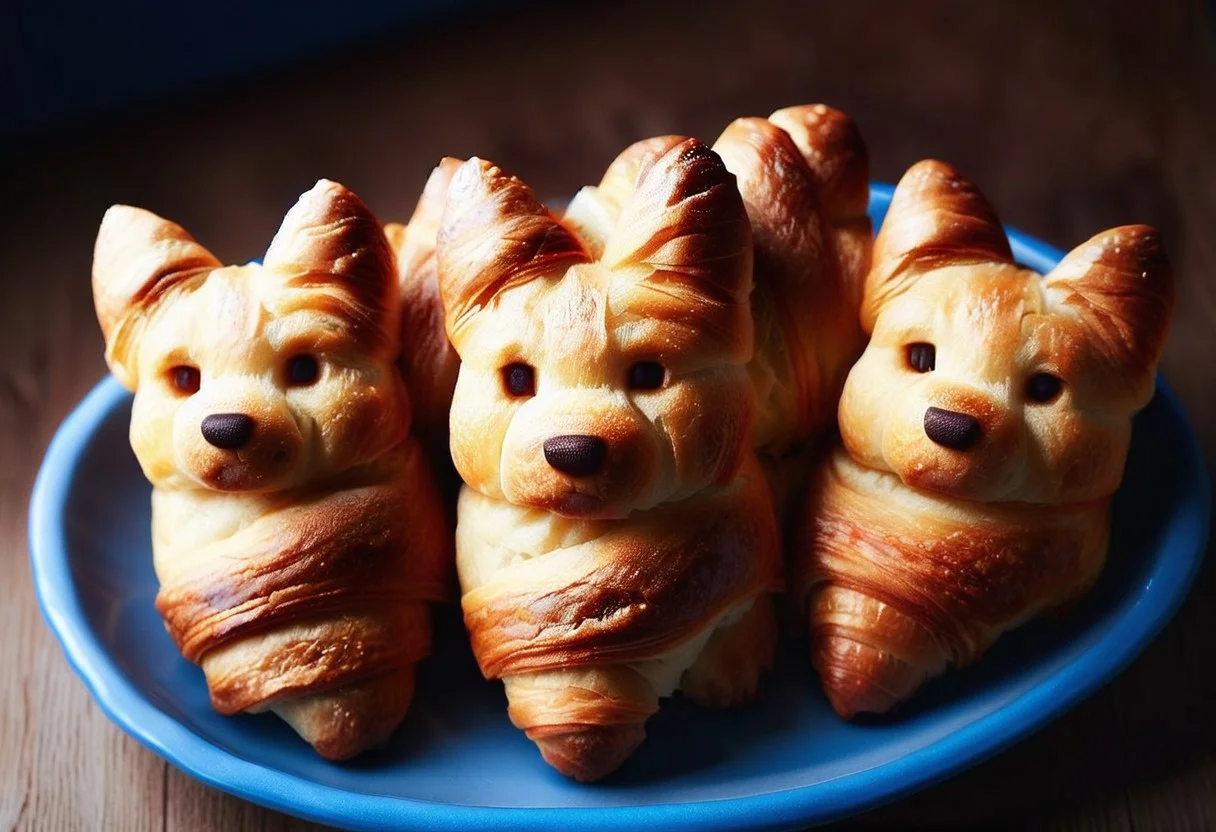 4 loaves of croissants in the shape of corgi, in a blue and white basket