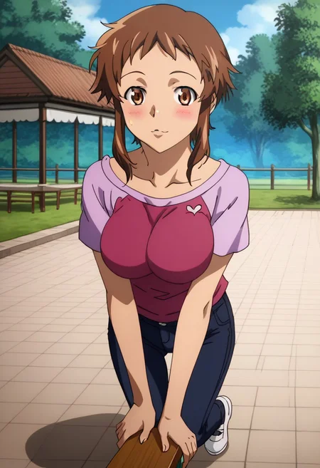 Ultra-high-detailed Anime illustration of Hinata Hino from the anime Mirai Nikki. 
source_anime, anime screencap, rating_safe. The artwork features Yuno Gasai in a solo, standing position with a outdoors, street background. She is depicted with intricate details showcasing her large breasts, covered face, and feet. Hinata Hino is looking at the viewer with open brown eyes. She has short hair, brown hair, short hair with long locks, sidelocks, styled in straight hair, floating hair, shiny hair, and is wearing very tight t-shirt, sleeveless (very tight t-shirt), strapless, black jeans, white shoes, cleavage, big breasts. The artistic style is intricate_details_xl with a focus, The color palette emphasizes pink and black, with detailed brush strokes to bring out the character's features. The lighting creates dramatic shadows and highlights, adding depth to the artwork. The perspective is from a slightly elevated angle to enhance the impact of the character's expression. This masterpiece is a true portrayal of Hinata Hino's complex personality and will captivate any fan of Mirai Nikki. Age 23, uncensored,hino_hinata, Hinata