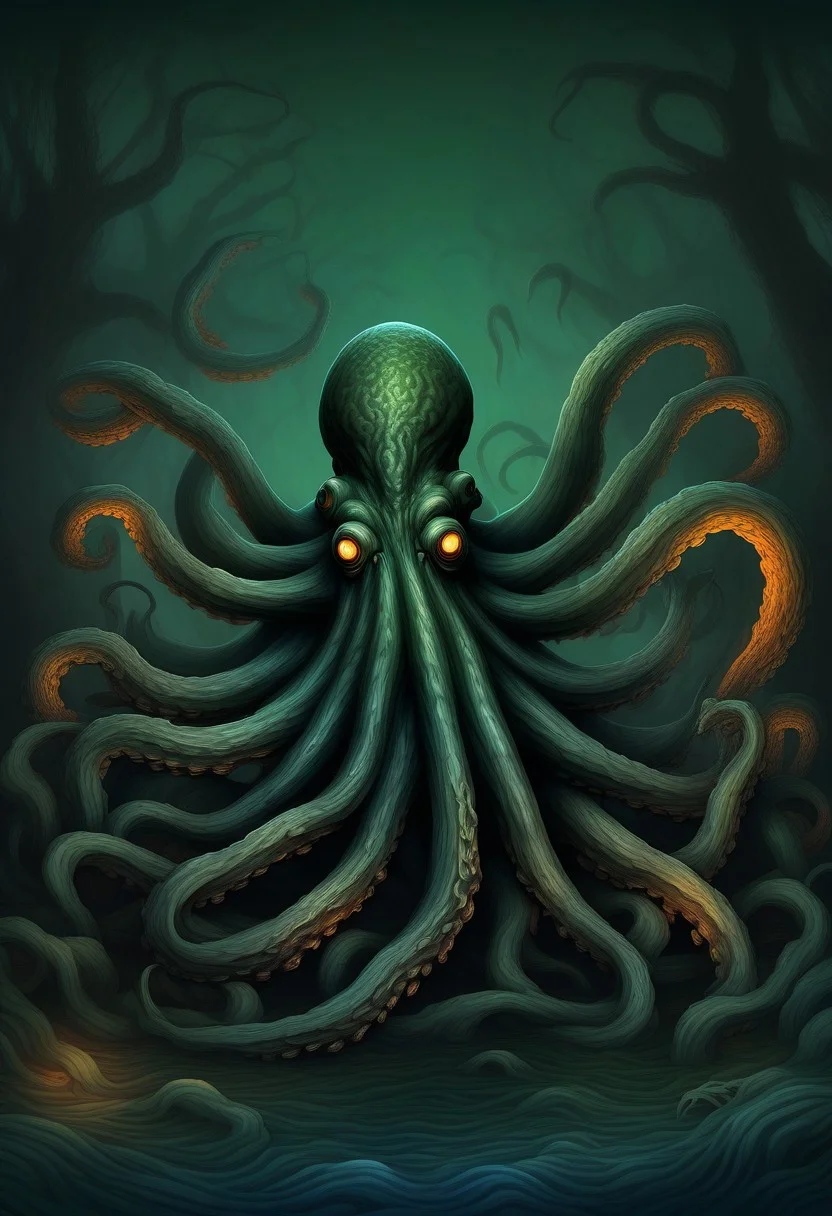Dark Nature Print of a Swamp Kraken, Abstract Satin Texture, Gradients of Murky Green, Shadowy Black, and Eerie Blue, Tentacles Glowing with Pulsing Orange Patterns, High-Gloss Finish, Radiating a Dark, Ominous Halloween Vibe