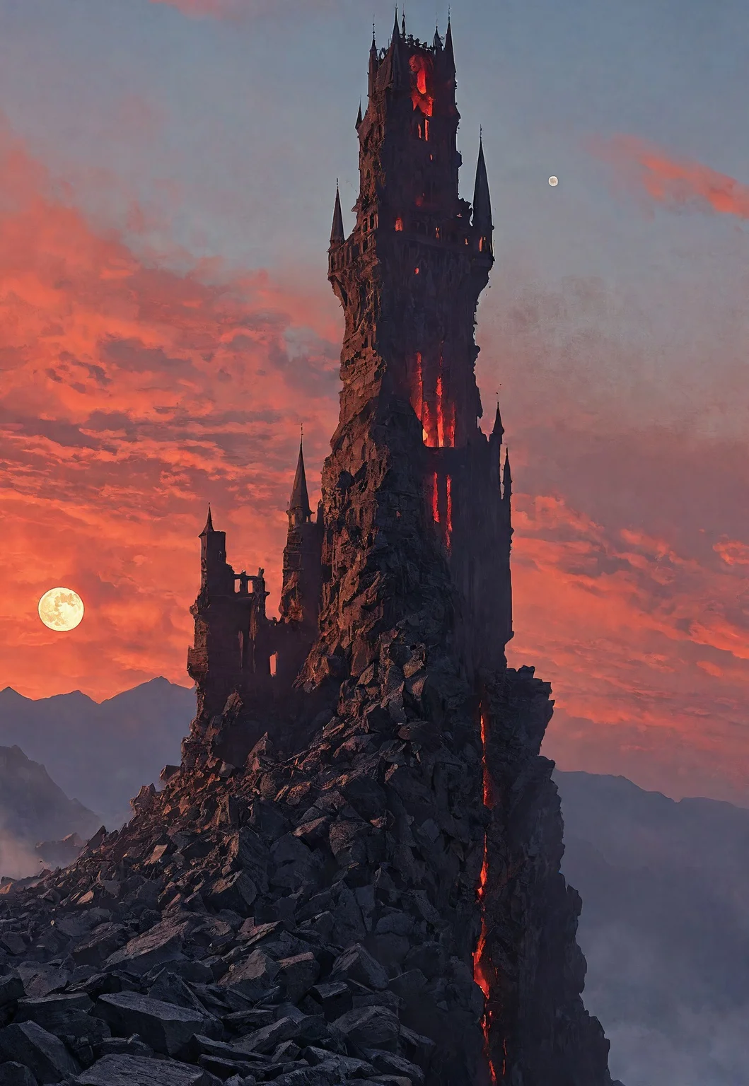 a shattered tower rising against the sky, the steep walls of moldering stones into the distant valley that extended all the way to the horizon. A full moon was rising. the chasm that opened below, at the bottom of the tower. There in the swirling red mists some horrendous shapes writhed and palpitated.
(8k uhd:1,4)
<lora:add-detail-xl:1>
<lora:Dynamic Poses:1>