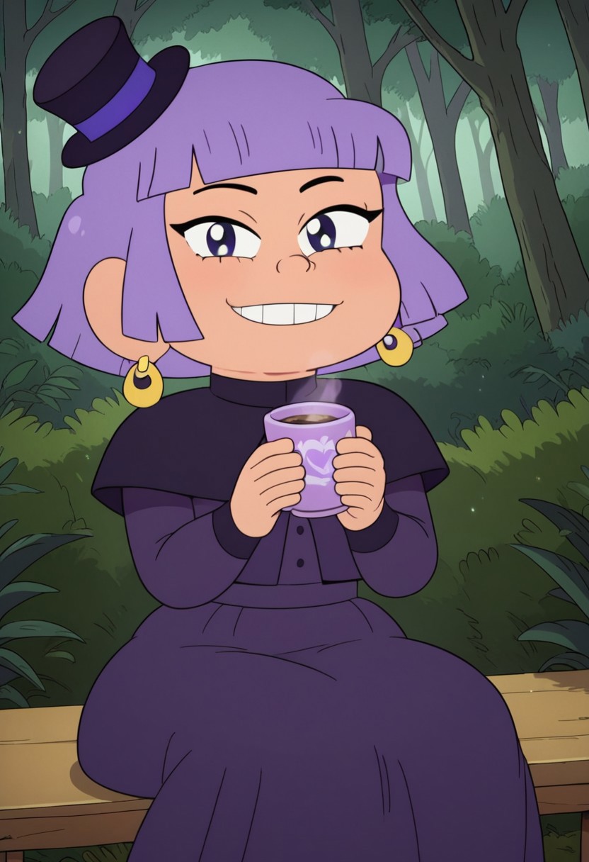 ((forest background)),score_9, score_8_up, score_7_up,score_6_up, 
1girl, Solo, Jane_cotc, peach skin, violet hair, bob cut hair, short hair, lilac eyes, small black top hat, gold earrings, dark violet dress with dark purple details, lilac stockings, dark purple shoes, big eyes, short stature, social smile, perfect eyes, perfect smile, looking at the viewer, detailed eyes, perfect eyes five fingers, perfect hands, (Front view, sitting, sitting on a chair, holding a cup of tea)
