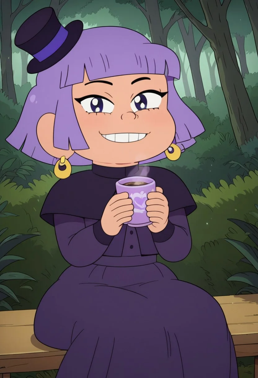 ((forest background)),score_9, score_8_up, score_7_up,score_6_up,
1girl, Solo, Jane_cotc, peach skin, violet hair, bob cut hair, short hair, lilac eyes, small black top hat, gold earrings, dark violet dress with dark purple details, lilac stockings, dark purple shoes, big eyes, short stature, social smile, perfect eyes, perfect smile, looking at the viewer, detailed eyes, perfect eyes five fingers, perfect hands, (Front view, sitting, sitting on a chair, holding a cup of tea)