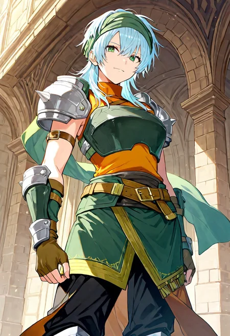 (score_9, score_8, score_7), masterwork, masterpiece, best quality, beautiful eyes, beautiful face, detailed eyes,detailed face,echidna01, light blue hair, green eyes,short spiky hair, green headband, sharp eyes, dark green chest armor, orange sleeveless turtleneck top, brown leather straps, silver shoulder armor with spikes, green asymmetrical skirt with yellow trim, side slits, brown belt with gold buckle, green waist scarf, black pants, silver knee guards, green shin guards with yellow straps, brown fingerless gloves