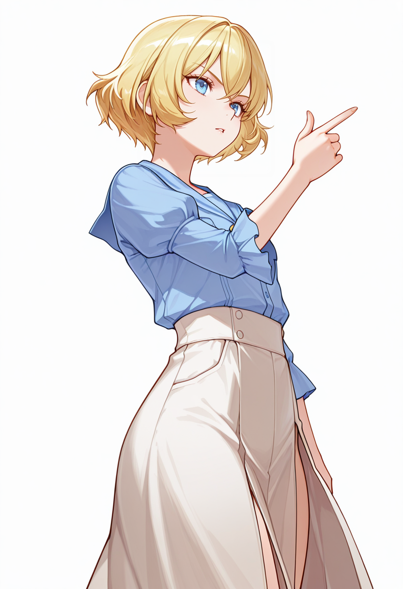 Smooth Quality,masterpiece,very intricate, high quality details, ultra realistic, high detailed skin,detailed enviorement,absurdres,
finger gun,
 <lora:Lierre_CNR:0.8> lierre_cnr, 1girl, blonde hair, short hair, bangs, blue eyes,, serious,, simple background, white background, from below,solo,, lantern sleeve blouse,  ,shirt, ,slit skirt,,