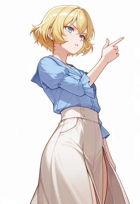 Smooth Quality,masterpiece,very intricate, high quality details, ultra realistic, high detailed skin,detailed enviorement,absurdres,
finger gun,
<lora:Lierre_CNR:0.8> lierre_cnr, 1girl, blonde hair, short hair, bangs, blue eyes,, serious,, simple background, white background, from below,solo,, lantern sleeve blouse, ,shirt, ,slit skirt,,