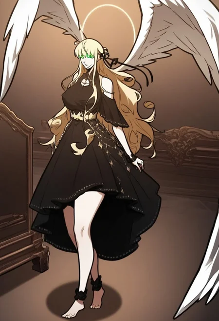 Score_9_up, Score_8_up, score_7_up, detailed background, high quality, detailed character, high quality face, night, pov, bedroom, Expressiveh, Character, zPDXL, Uriel, green eyes, blonde hair, long hair, classic clothes, black dress, necklace, halo, white wings, clothes, toned, large breasts, puffy nipples, large ass, ass expansion, thick thighs wide hips, wide shot showing female, full body shot, looking at viewer, lustful, posing, fully turned to viewer