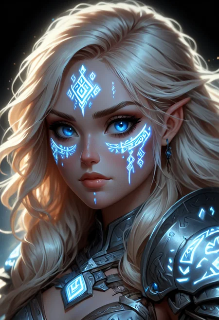 glowing white runes, A beautiful woman with blonde hair and blue eyes, she's wearing glowing rune armor, portrait, glowing white runes on her face, cartoon, cartoon realistic,