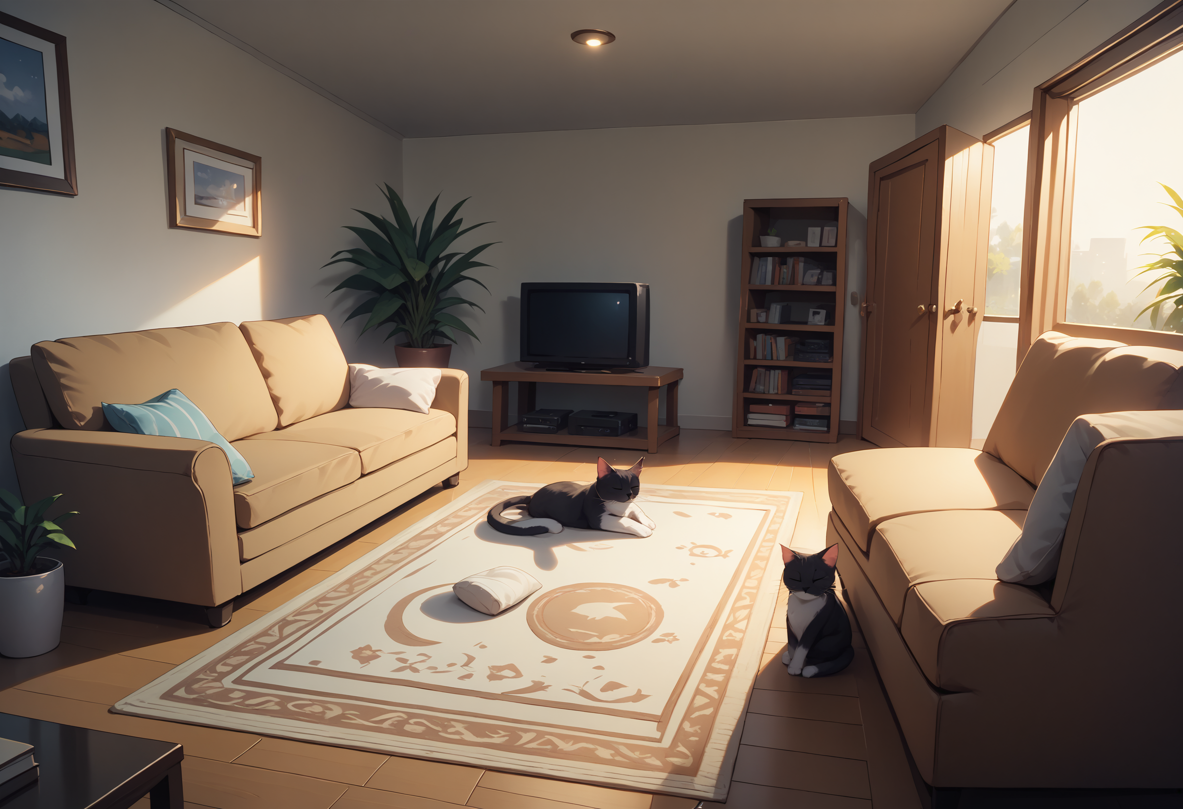 score_9, score_8_up, score_7_up BREAK indoors, living room, chair, couch, television, furniture, rug, domestic cat, no humans, sepia,stairs, animal, cat, sleeping,