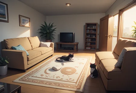 score_9, score_8_up, score_7_up BREAK indoors, living room, chair, couch, television, furniture, rug, domestic cat, no humans, sepia,stairs, animal, cat, sleeping,