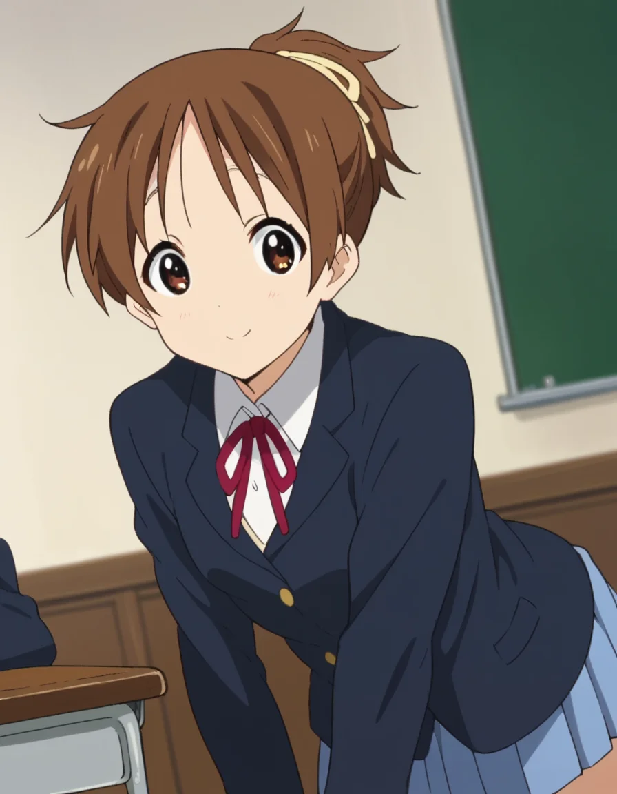 score_9, score_8_up, score_7_up, source_anime,
uihirasawa, <lora:ui-hirasawa-s2-ponyxl-lora-nochekaiser:1>,
ui hirasawa, short hair, brown hair, brown eyes, ponytail,
sakuragaoka high school uniform, school uniform, uniform, blazer, shirt, white shirt, collared shirt, skirt, pleated skirt,
indoors, classroom, bent over, smile,
looking at viewer, cowboy shot, dutch angle, solo,