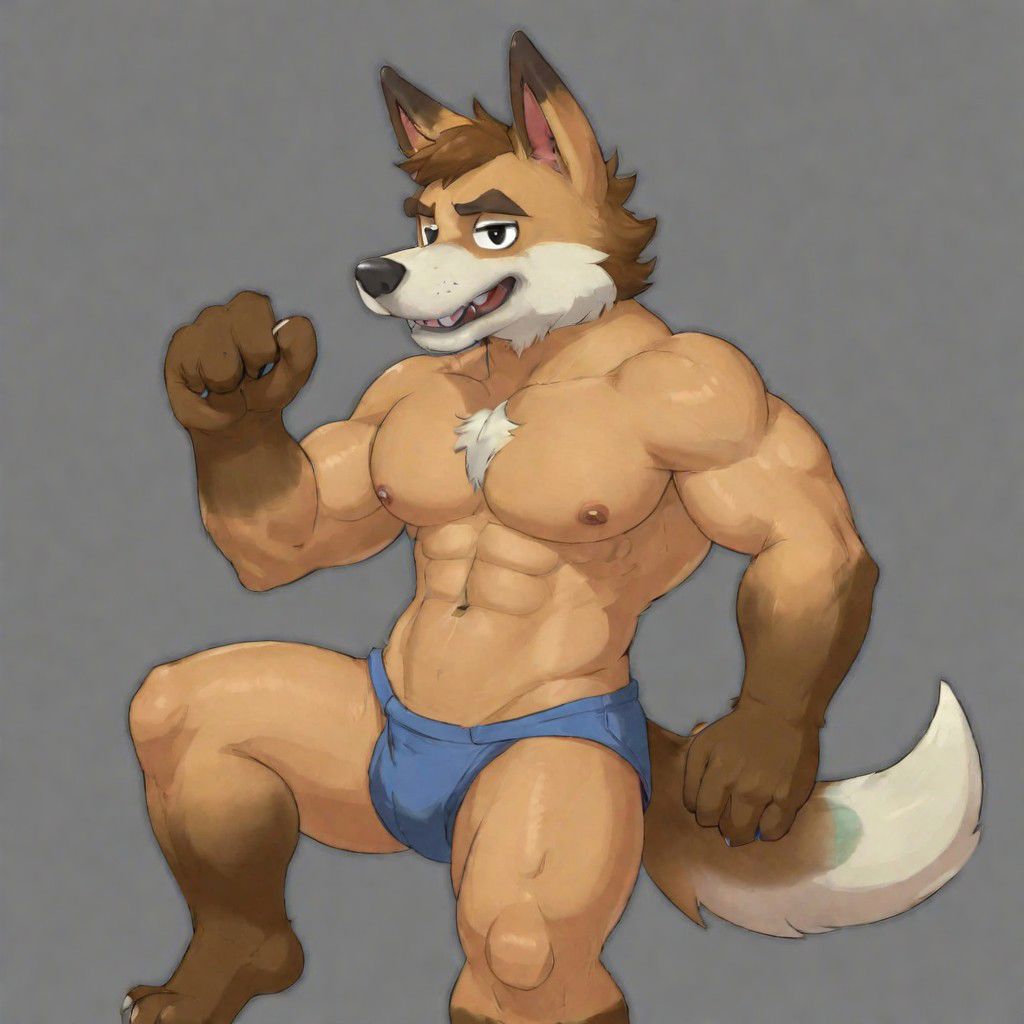 solo, short hair, open mouth, shirt, 1boy, animal crossing  background, animal ears, tail, full body, male focus, thighs, sleeveless, spread legs, uncensored, muscular, pectorals, muscular male, dog ears, bara, furry, dog tail, furry male, brown fur, dog boy