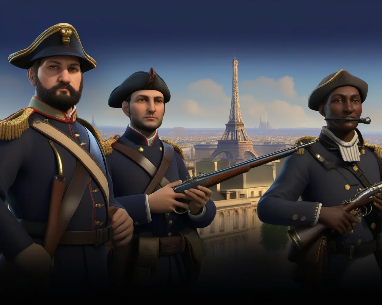 Civilization 6 style, French riflemen, Paris background <lora:ææXLv1:1>