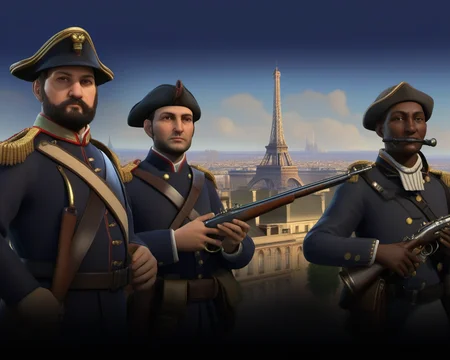 Civilization 6 style, French riflemen, Paris background <lora:ææXLv1:1>