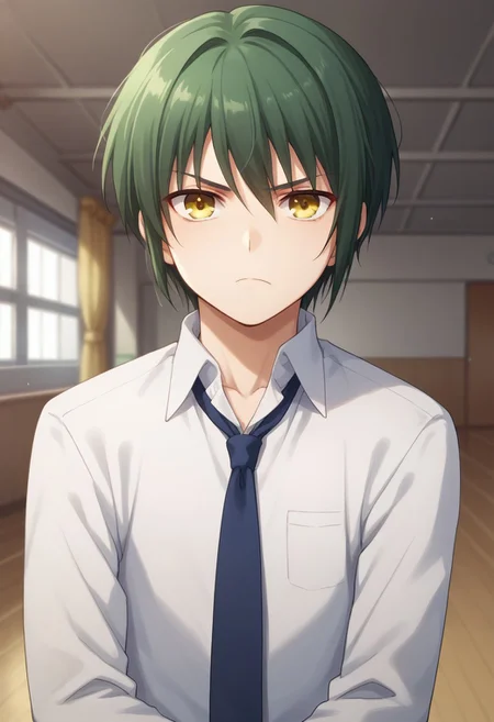 score_9, score_8_up, score_7_up, source_anime, highly detailed,
ayato, solo, 1boy, male focus, yellow eyes, school uniform, necktie, looking at viewer, green hair, shirt, white shirt, frown,
indoor, school,