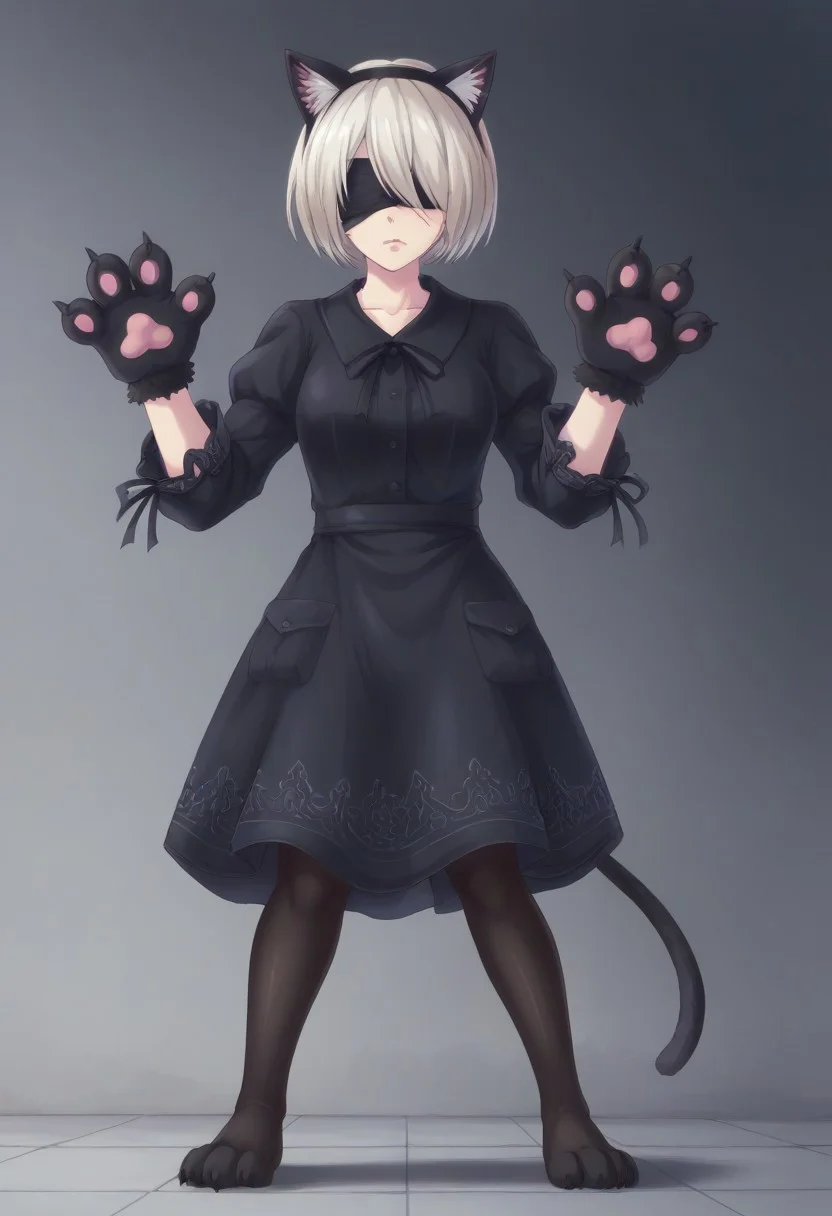mole_under_mouth, pink_lips, blindfold, hair_over_eyes, covered_eyes, black_blindfold <lora:2b-PDXL-V1(test):0.8> rating_safe, forced perspective, three-point perspective, BREAK catgirl, fake animal ears, cat paws, cat gloves, full body,