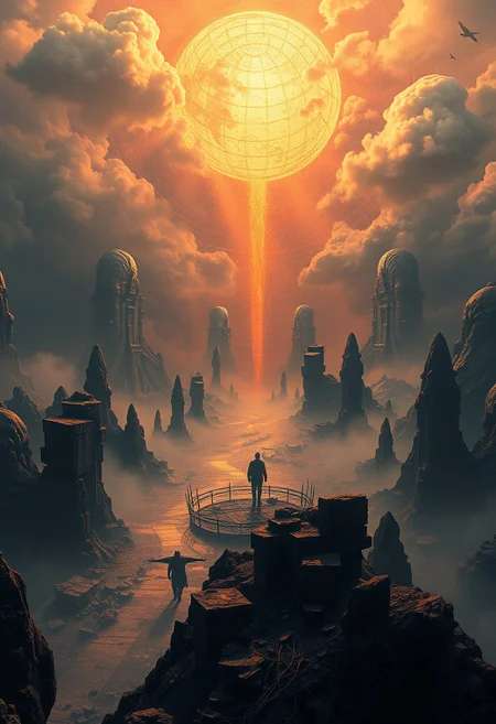 A surreal and fantastical Post-Apocalyptic world traversal, raging against the dying of the light; featuring deep ancient wisdom, overlaid metallic maps, bizarre scenes, diffused shadows, subtle illumination, and heroic elements in a massive scale.