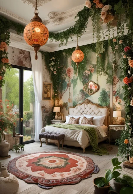 Light mood masterpiece photography, realistic, realistic photograph, inside bedroom, gaudy, maximalism, in bedroom, soft rug, floral rug, mirror with leaf frame, vines on wall, vine decor, vanity, beanbags, lanterns, beaded curtains, frog decor, brick wall, lanterns, frog statues, hex code #48e4a0, hex code #765341, #de5d83