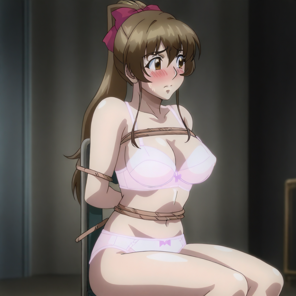 (SH1ZUK4SUN0H4R4:1.4), an anime styled image,1girl, brown hair, long hair, ponytail, hair bow, brown eyes, mature female, medium breasts, perky breasts, solo, cleavage, looking to the side, blushing, embarrassed, pink panties, pink bra, masterpiece, best quality, good quality, newest, indoors, dungeon, bdsm, restrained, sitting