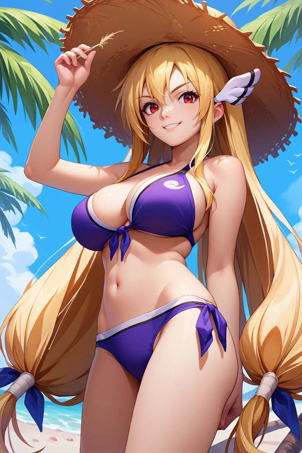 score_9, score_8_up, score_7_up, score_6_up, source_anime, 1girl, solo, <lora:astraea-pdxl-nvwls-v1-000005:1> astra3a, blonde hair, very long hair, low twintails, red eyes, wing hair ornament, large breasts, purple bikini, straw hat, smile, blue sky, palm tree, beach