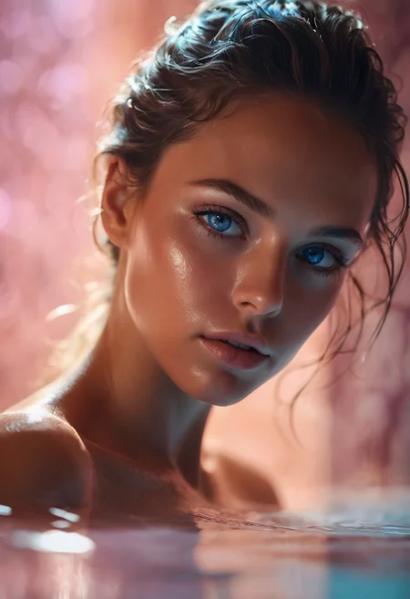 natural realism, swimming near a wall, luxury, detailed surface of water, extreme macro close up facial portrait, highly detailed skin, macro skin details, (Tony Kelly, Brandon Woelfel, Jonny Crosslin, award winning documentary, impressive, an image that inspires) photography, a woman swims in front of a pink marble wall, magic hour sunset glow, (kodak portra 400, epiCPhoto), dramatic lighting, a sensational (pearlescent pink stone<pearlescence, subsurface scattering> wall rises from the water, luxury architectural pool, art deco, lit, glow, azure pool) as a delightfully mysterious backdrop to a (beautiful face<by casey baugh>, closeup facial portrait of the prettiest face ever, macro, detailed skin, elegant wet hairdo, sensational glossy lips, shiny eyes, sexualized face of a cute woman up close), sensational realism, dramatic lighting, interplay of glimmering light and dark shadows evokes sexy sensuality and mystery, ambient occlusion, caustic raytracing, sheer beauty, glimmer, beautiful, (sexy:1.2), revealing, looking at viewer, complementary, impressive, detailxl