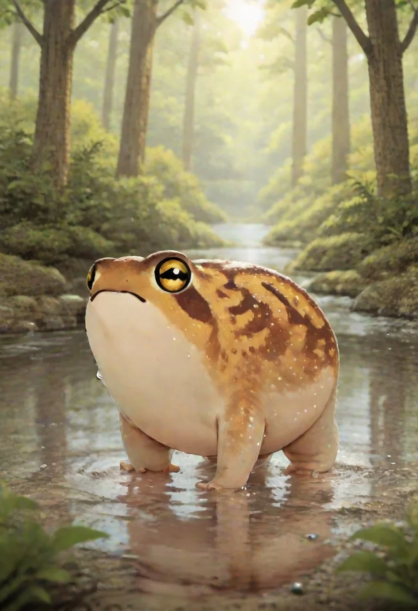 "(masterpiece, best quality, high quality, highres), very awa, highres, absurdres,
(naguru \(cyoroama\):0.9), (chii-kun \(seedyoulater\):0.7), (pikaole:0.8),
DRFTPFV1.0, frog, desert rain frog, african rain frog, animal, animal Focus,
(no humans:1.1), (cute:1.2), comfy, solo, cozy,
bathing, day, sunlight, sun rays, wet, surprised, oo, pond, forest, meadow, "
