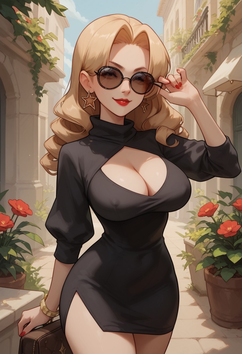 score_9, score_8_up, score_8, happy smirk, Expressiveh, black dress, cleavage, big breasts, thighs, covered nipples, star earring, florence, red lipstick, sunglasses