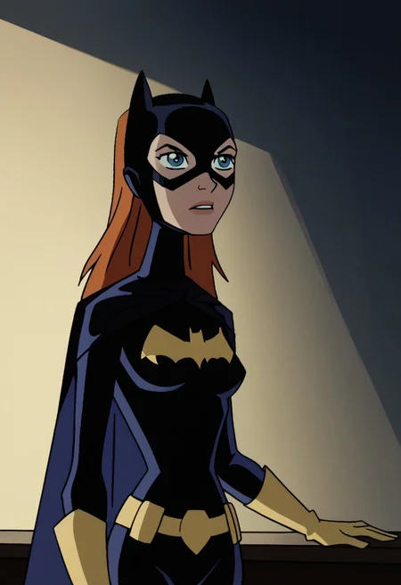 score_9_up, score_8_up, score_7_up, 1 girl, solo, batgirl, ginger hair, mask, gloves, bodysuit, cape, batgirl classic suit, standing against bar, simple background <lora:teentitans_pony_v1:1>