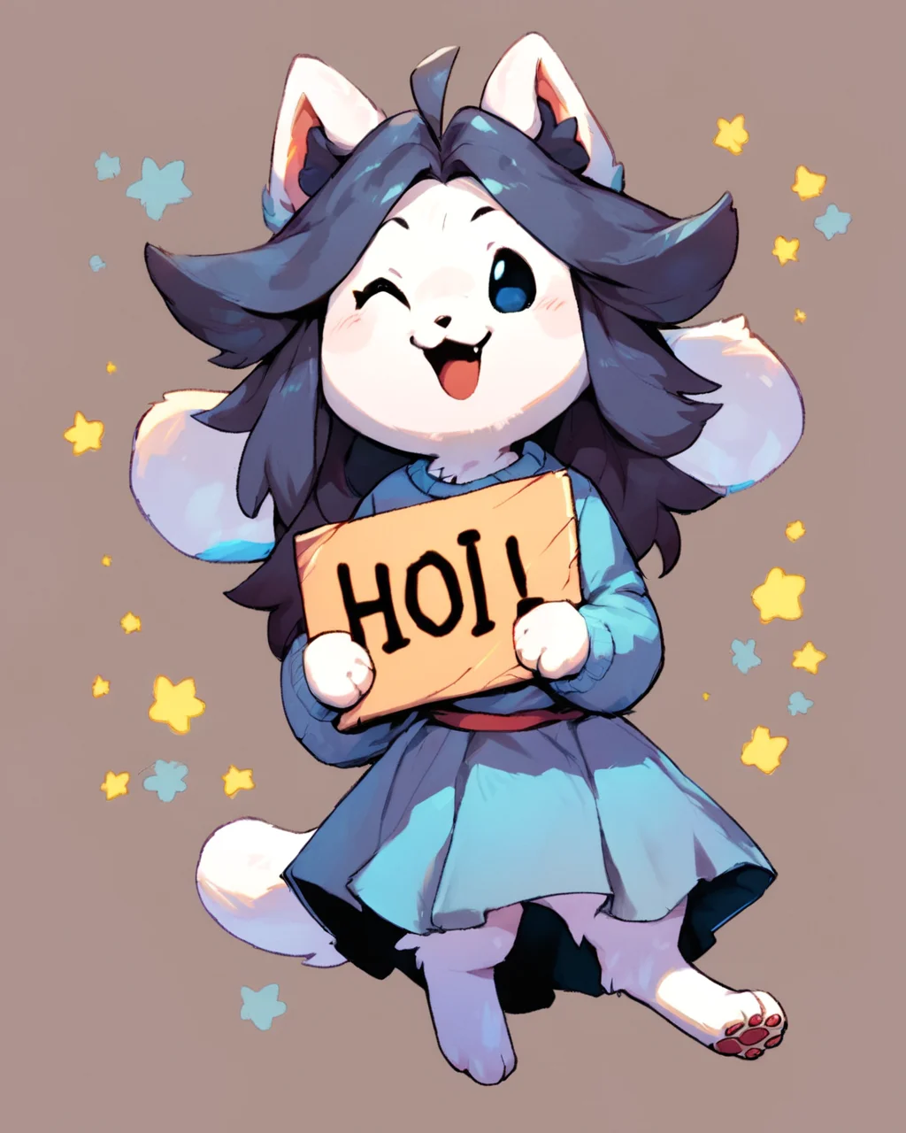 score_9, score_8_up, score_7_up, score_6_up, source_furry, rating_safe, t3mmie, cute, holding a sign, text_on_sign "hoi", smiling, winking, paws, <lora:Temmie:1>