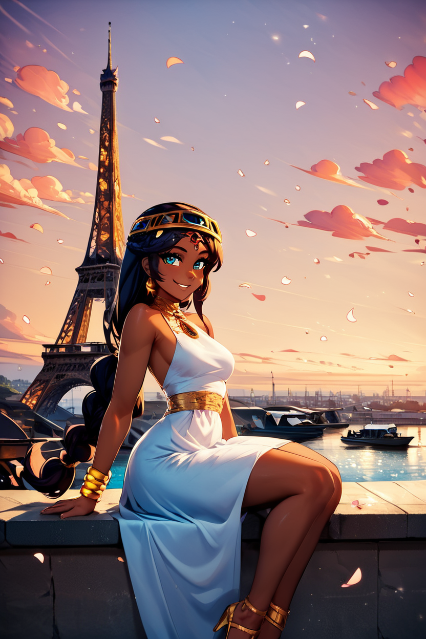score_9, score_8_up, score_8, medium breasts, (curvy), cute, eyelashes,       BREAK, ,  <lora:Serket_Takatsu_v2:0.7>, zzSerket, dark skin, large breasts, dress, bare shoulders, jewelry, very long hair, bracelet, single braid, circlet,, BREAK,  zzEiffelTower in background, sitting, watercraft, boat, sitting on wall, side view, looking at viewer, smile,  BREAK, blooming stars, luminescent petals, otherworldly fragrance blurry background, embedding:zPDXL, Expressiveh, <lora:EiffelTowerPDXL:0.8>,  <lora:CatalystStylePDXL:0.6>,  <lora:SDXLFaeTastic2400:0.5>,  <lora:Expressive_H-000001:0.4>,