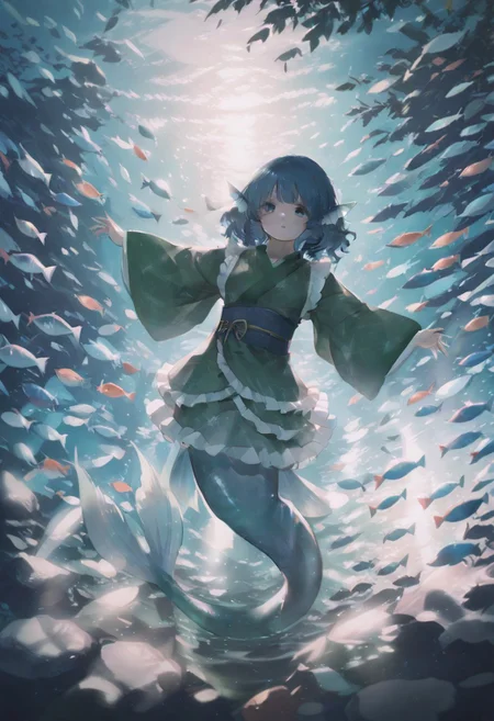 volumetric lighting, ambient occlusion, luminescent background, masterpiece, very awa,underwater, mermaid, a mermaid swimming towards a beam of light, dynamic angle,cinematic angle, blue tint, water reflections, looking at viewer, surrounded by colorful fish, mermaid tail, dynamic pose,
BREAK
wakasagihime, 1girl, solo, blue eyes, blue hair, short hair, drill hair, head fins, mermaid,green kimono, frilled kimono, wide sleeves, blue obi, yellow obijime,elegant