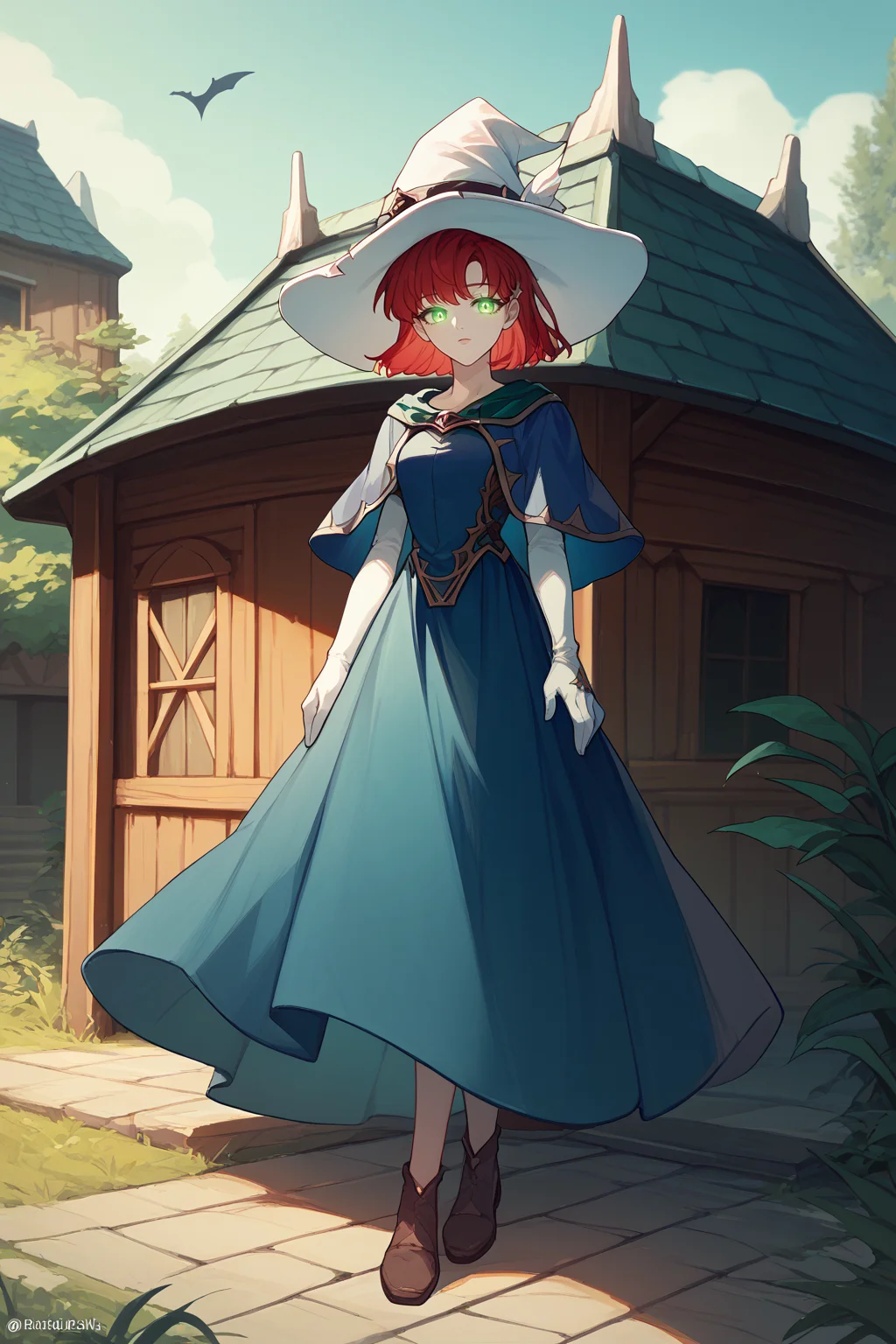 score_9, score_8_up, score_7_up, BREAK <lora:NSPriscillaFE7:1> 1girl, solo, NSPriscillaFE7, red hair, green eyes, short hair, witch hat, white hat, blue robe, looking at the viewer, glowing eyes, witch hut, outdoors, building, white gloves
