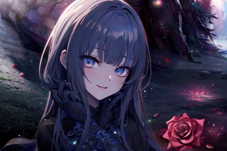 (masterpiece:1.4), 4K8K, (anime style), (high shutterspeed:1.4), (sharp edges), 
SyFyEye1, FanFo
1woman  hands togather,  leaning foward, face focus, smile, closed mouth, 
wearing Celtic style dress, (Detailed face, Detailed eyes, Detailed lips), 
any colored roses, Fantastic Forest at dark night,