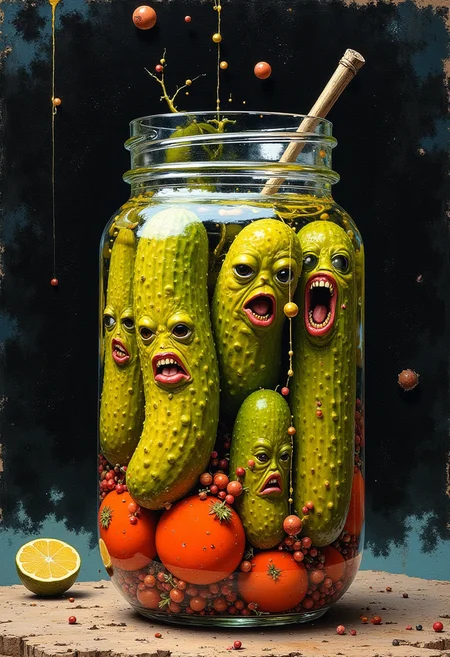 Pickles in a jar that are not to happy.