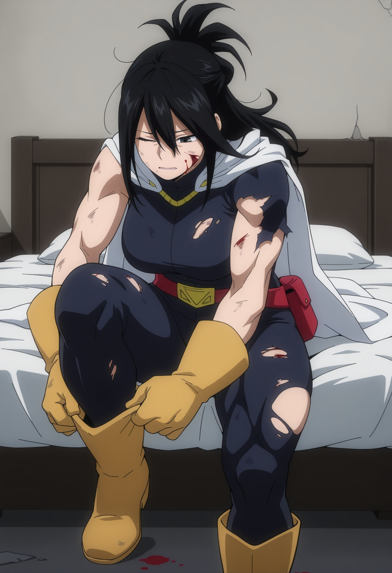 1girl,solo,mm,mature female,black hair,mole under mouth,long hair,muscular,black eyes,large breasts,anime coloring,
bodysuit, cape,gloves,belt,boots,sitting,on bed,torn clothes, dirty,injury, putting on footwear,exhausted, indoors,blood on face, one eye closed, 
,masterpiece,best quality,amazing quality,<lora:Shimura_nana-My_Hero_Academia:0.8>