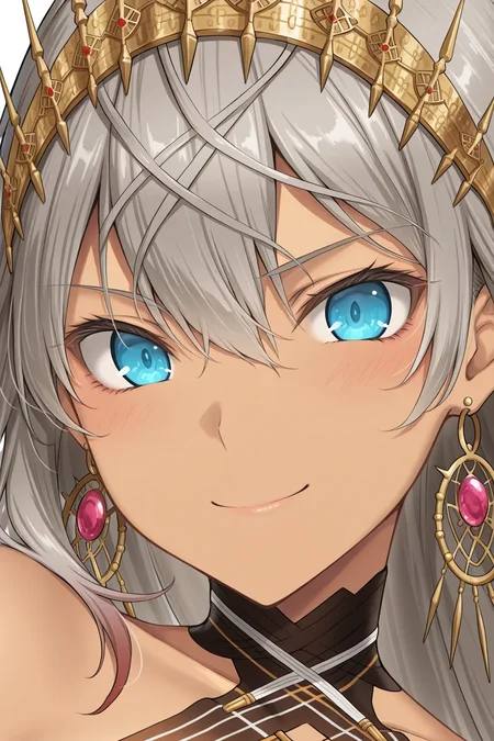 masterpiece, best quality, zenobia_tyerina_ilxl, 1girl, solo, <lora:zenobia_tyerina_ilxl:0.8> ,grey hair, dark-skinned female, earrings, crown, navel, neck ring, bangs, smile , (close up face:1.5), from the right side, general, looking at viewer