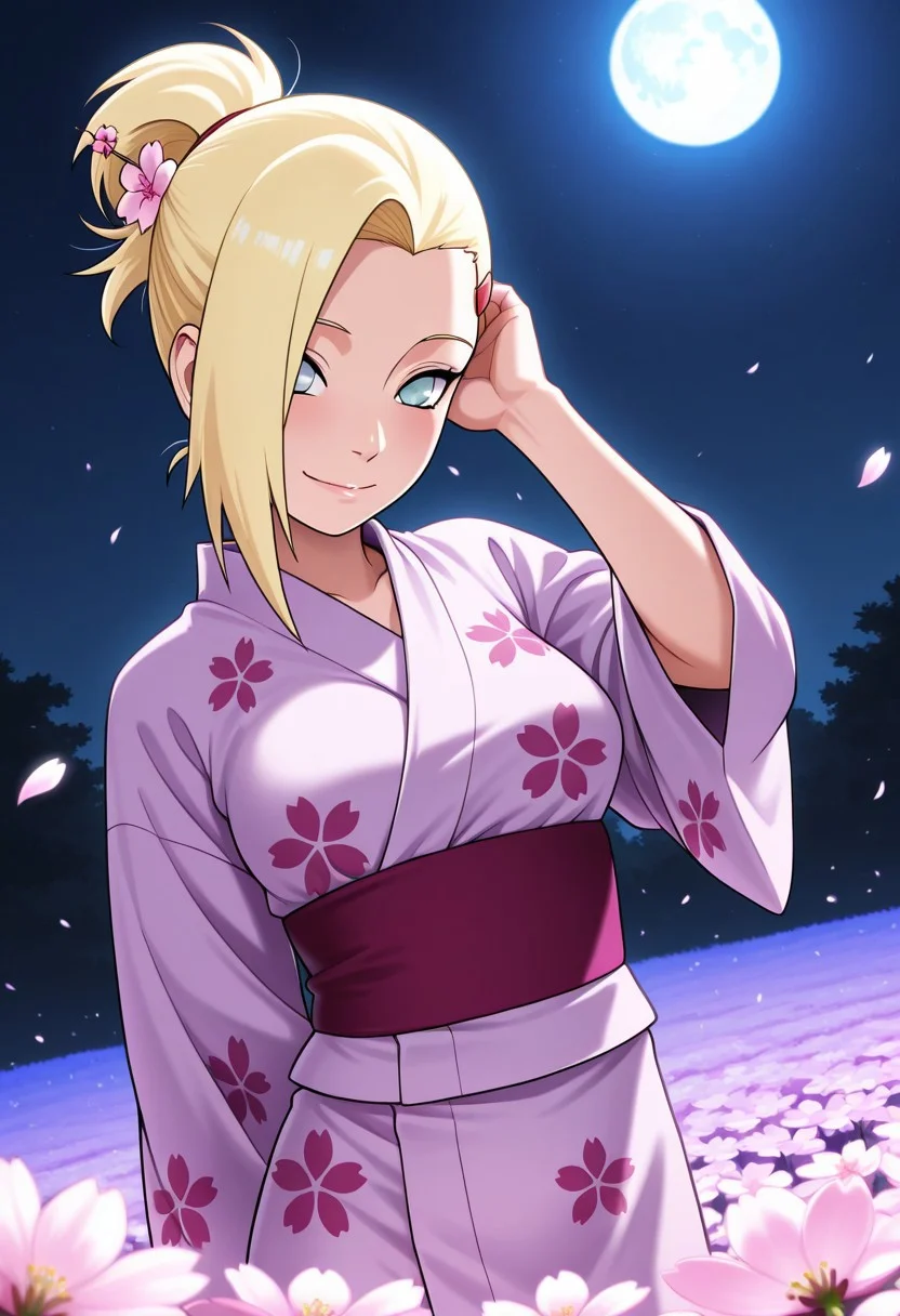 hair blowing in wind, hand in hair, perfect eyes, beautiful face, cute, ambient lighting, (night), ((((masterpeice, high quality, absurdres,  best quality, very aesthetic)))),  ((moonlight:1.9)), ((night:1.9)), in a field of flowers, cherry blossoms in the wind, 
sensual, seductive, average breasts, slim waist, yamanaka ino, (naruto),  (in a purple and pink yukata with a flower design), Sakurakyd,KarakishiYouhei-danPonybyRR, by Karakishi Youhei-dan, hair tied up, (cherry blossom hairpin), wrnchgchan,