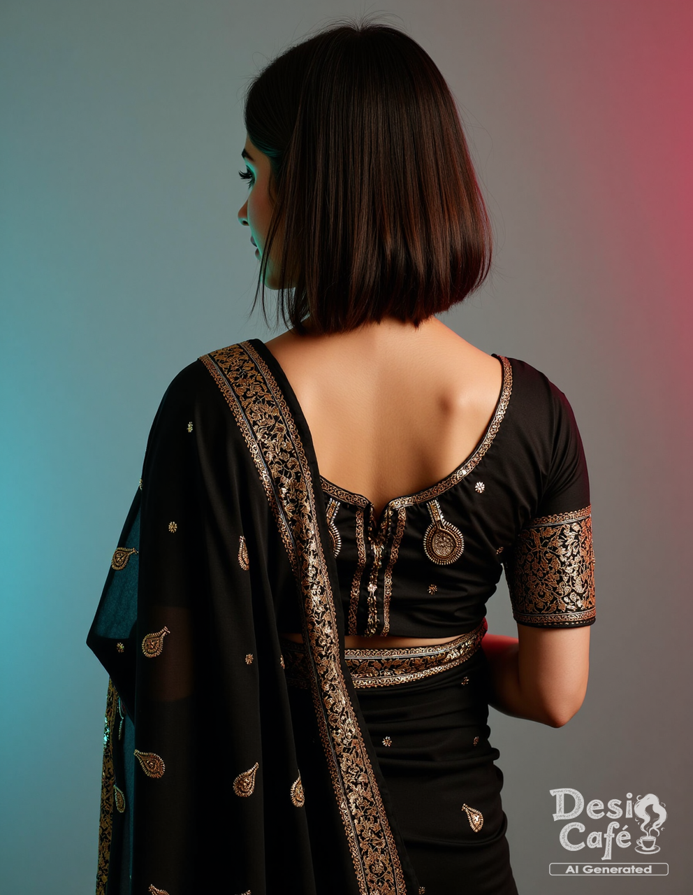 from behind,looking back photo of j4nn4t zub41r woman, hyper realistic photo that is safe for work,  studio quality image with natural colors, well dressed wearing intricate long sleeved Black Bomkai Saree (Odisha traditional saree), hair styled as  bob,muted pastel shaded multicolored background that contrasts with the person, cinematic lighting,âââââ    <lora:j4nn4t_zub41r_Jannat_Zubair_Flux_Kohya_V1:1>âââ