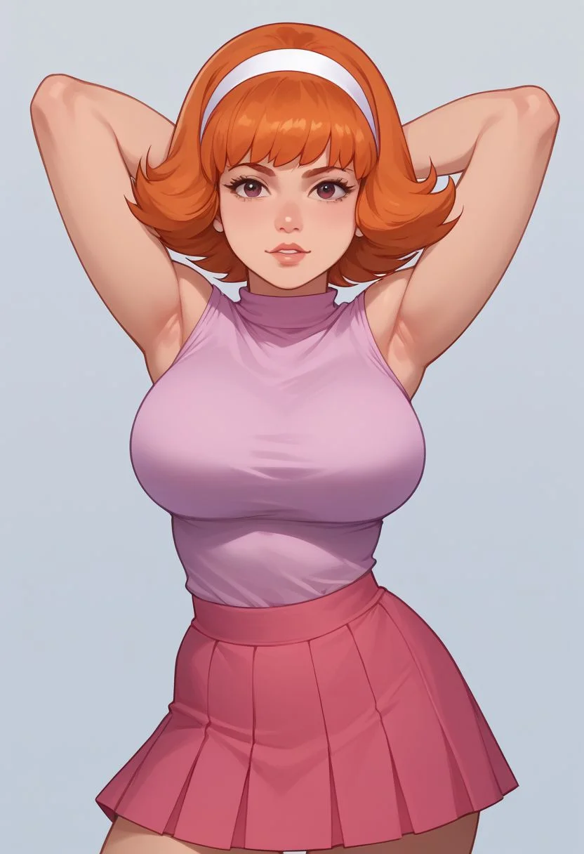 score_8, score_9, daphne, orange hair, short hair, hairband, skirt, 1girl, solo, adult woman, large breasts, pose, looking at viewer, hands behind head,