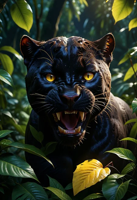 (cinematic lighting, extremely detailed, high detail, hires textures, incredibly detailed, intricate details, masterpiece, photorealism, true masterpiece,  Intricately designed, night:1.6 dark:1.6), (jungle, lush plants), (black panther, hiding in leaves, glowing yellow eyes, open mouth, fangs:1.6, angry, drool)