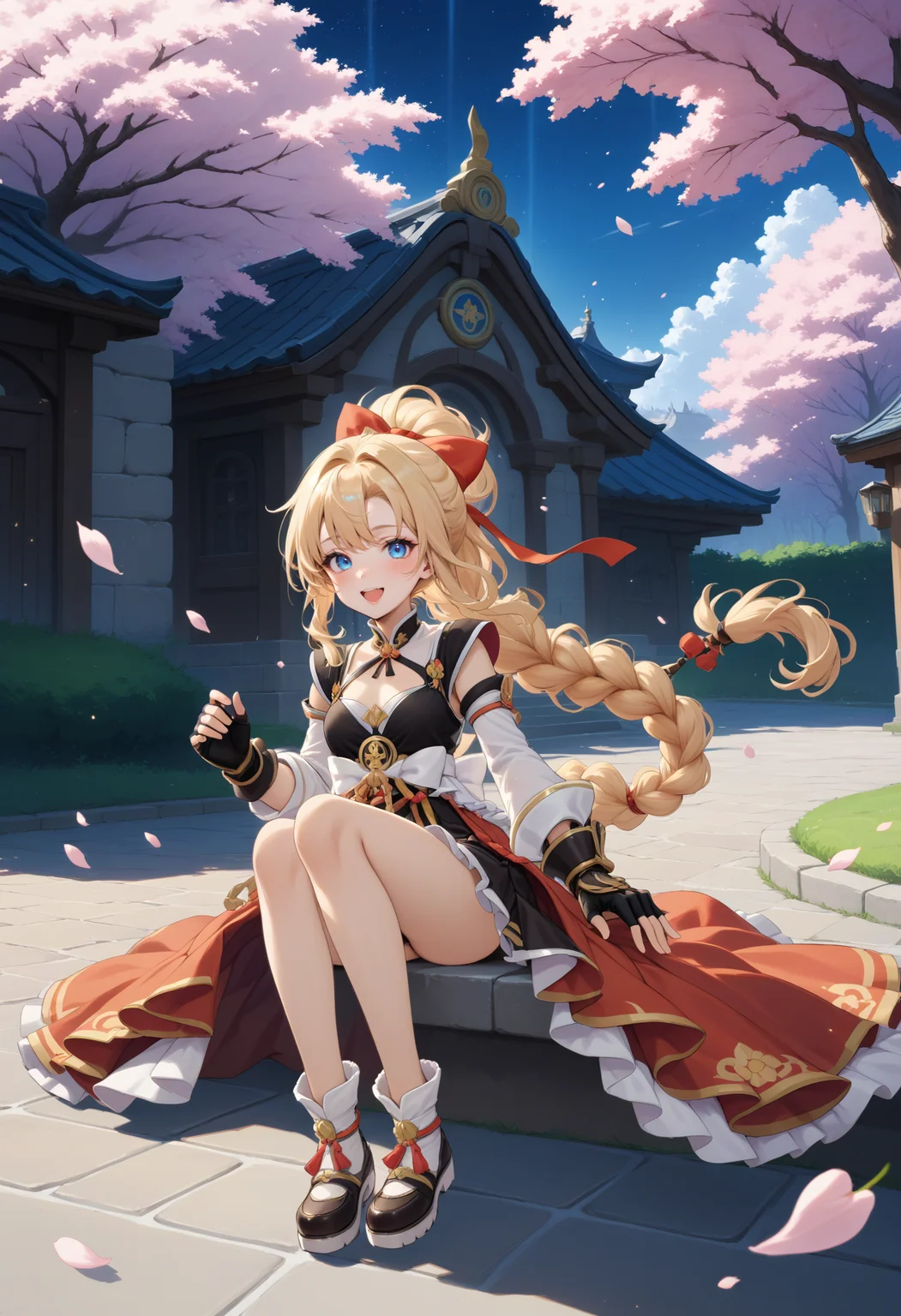 masterpiece, best quality, very aesthetic, absurdres, rom_sarah_xl,
1girl, blonde hair, braid, hair bow, blue eyes, smile, open mouth, fingerless gloves,
sitting,
outdoors, cherry blossoms, (wind, falling petals, light particles:1.4), light rays, tyndall effect, vivid colors, tranquil and magical atmosphere,
shiny skin, beautiful face, beautiful eyes, extreme detailed, official art, professional illustration, hires,
<lora:rom_sarah_xl:1>, <lora:aesthetic_anime_v1s:0.5>, <lora:add_details_xl:0.5>