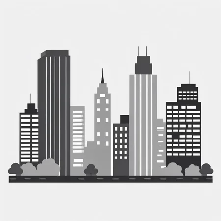 city lamdscape, simple_background, white_background, monochrome, greyscale, vector, flat, simple, single